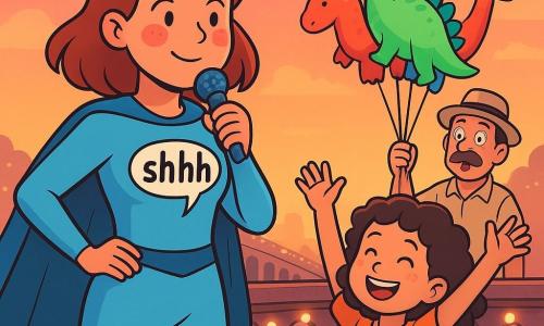 Susurrella, una mujer heroica, se encuentra en el Puente de los Suspiros Modernos, con una sonrisa tímida y mejillas rojas como tomates. Lleva un traje azul claro con un dibujo de cómic que dice "shhh" en el pecho y sostiene un micrófono de juguete en la mano. A su lado, una niña de unos 8 años, con cabello rizado y una camiseta colorida, levanta los brazos sonriendo, animando a la multitud a aplaudir. Al fondo, un vendedor de globos, un hombre de unos cincuenta años con bigote y sombrero, sostiene un ramo de globos en forma de dinosaurios, con ojos desorbitados de asombro. El puente está decorado con luces brillantes y el cielo tiene tonos rosados y naranjas al atardecer, creando un ambiente cálido y alegre. La escena principal muestra a Susurrella usando su superpoder de susurro para calmar una máquina ruidosa, mientras la multitud, fascinada, aplaude y sonríe, creando una atmósfera de magia y camaradería.