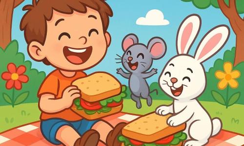 A 4-year-old boy named Timmy, with messy brown hair and a big joyful smile, is sitting on a red and white checkered picnic blanket. He holds a giant sandwich filled with colorful vegetables and watches in wonder as a dancing earthworm is next to him. Molly, a small gray mouse with sparkling big eyes, is jumping with joy beside Timmy. Benny, a white rabbit with big ears, is sitting across from them, laughing heartily with his front paws on the sandwich. The scene takes place in a sunny garden filled with vibrant flowers and large green trees, under a blue sky dotted with fluffy clouds. Timmy, Molly, and Benny are sharing a happy moment discovering an earthworm in their sandwich, laughing together under the gentle spring sun.