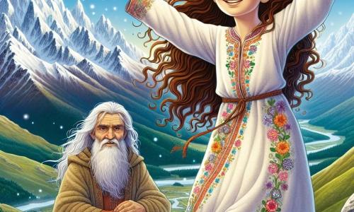 In the center of the image, a 12-year-old girl, Elara, stands on top of a mountain, her face radiating pride and excitement. She has long, curly chestnut hair blowing in the wind and wears a light tunic in bright colors adorned with floral patterns. Her eyes shine with determination as she raises her arms to the sky, celebrating her victory. Next to her, a wise old man, the Guardian of the Mountain, sits on a rock. He is about 60 years old, with a long gray beard and piercing eyes. He wears a robe made of natural fabric, and his kind smile shows he admires Elara. He is slightly in the background, observing the scene with pride. The surrounding landscape is majestic: snow-capped peaks rise on the horizon, while fluffy clouds float around them. Below, a lush valley stretches out, dotted with colorful flowers and sparkling rivers. The sky is a brilliant blue, with a few white clouds. The main situation of the story shows Elara, after a long journey of discovery, celebrating her triumph at the mountain's summit, surrounded by the beauty of nature, ready to share the lessons she has learned about the power of choices and wisdom.