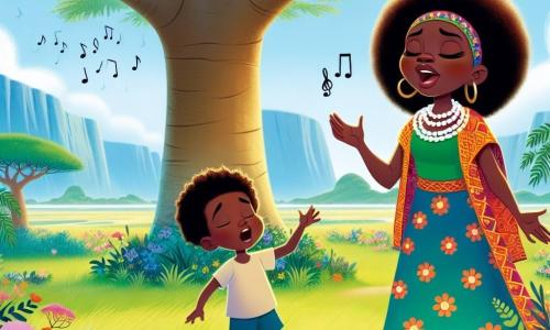 A woman named Nala stands under a large baobab tree, her face radiating wisdom and kindness. She wears a colorful dress adorned with African patterns, and her beaded necklace sparkles in the sun. Nala sings passionately, her arms open to the sky, expressing hope and determination. Beside her, an 8-year-old boy named Kito admires her. He has curly hair and wears a simple t-shirt and shorts, holding a small branch like a microphone, ready to sing along. The setting is a beautiful green clearing surrounded by majestic trees and vibrant flowers. The soft grass covers the ground, and a gentle breeze makes the leaves dance. The main scene shows Nala and Kito singing together to summon water from the dried-up river, their voices rising into the air as clouds begin to form above them, promising rain.