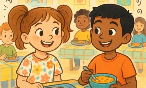 An 8-year-old girl named Lily sits at a cafeteria table, her face beaming with curiosity and joy. She has light brown hair tied in two ponytails and wears a colorful t-shirt with floral patterns. Next to her, an 8-year-old boy, Ravi, of Indian descent, with black hair and sparkling eyes, smiles while holding a bowl of brightly colored dhal. They are surrounded by several other children, each with various dishes in front of them, representing different cultures. The scene takes place in a bright and cheerful classroom, with colorful posters on the walls and tables decorated with multicolored tablecloths. The atmosphere is warm and welcoming, filled with laughter and lively discussions.