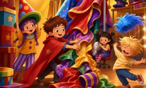 Four children: Milo, ~8, tousled brown hair, oversized red cape, center gently pushing a pile of costumes; Zadie, 7, purple braids, crooked clown hat, left lifting the squeaky hat; Ben, 8, blond, blue wig over his eyes, right spinning as the wig flies; Lila, 6, black pigtails, seated on a small wheeled chair near the costume rack holding glittery gloves and watching costumes fall. Backstage of a large red-and-yellow circus tent with worn wooden floor, stacked costume boxes, an overflowing metal rack of sparkly capes and colorful hats, warm light and round spotlights. Main action: a gentle avalanche of capes, striped hats and a rolling blue wig sliding from a rack as the children work together to gather the clothes, amused and surprised expressions, movement to the right and drifting glitter.