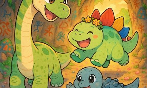 Der junge Diplodocus Lino ist sehr groß mit runden glänzenden Augen, einem lang gestreiften beige-grünen Hals, leicht gesprenkelter Haut und einem glücklichen, erleichterten Ausdruck; er geht langsam und streckt den Hals zu seinem Freund, dem stämmigen, rundlichen Stegosaurier Momo, hellgrün mit rot-blau-gelben Rückenplatten, der breit lächelt, eine kleine Blumenkrone auf dem Rücken trägt und aus dem Schatten der Höhle hüpft; daneben steht die kleine, stämmige Ankylosaurier-Künstlerin Rola mit grau-blauen Panzerplatten und einer Tasche voller bemalter Steine, die sie stolz zeigt. Die Szene spielt in einer großen, moosig-leuchtenden Höhle mit bunten Steinmotiven an den Wänden, funkelndem Kies und abgefallenen Blütenblättern auf dem Boden, warmem, dämmerungsähnlichem Licht; Stimmung: fröhliches Wiedersehen der Freunde, Lino rührend, Momo lachend, Rola stolz auf ihre Werke. Grafischer Stil: weiche Manga-Linien, übergroße ausdrucksvolle Augen, gesättigte Pastellfarben, klare Kontraste und detaillierte Haut- und Steintexturen.