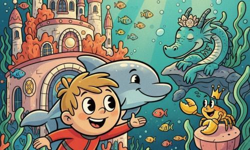An 8-year-old boy with a round face and tousled light brown hair, wide bright eyes and a smiling, amazed expression, wearing a small red wetsuit, floats in the foreground reaching toward the city; a smooth, smiling bluish-gray, pearlescent dolphin named Luna arches protectively beside him; a medium-sized sea dragon with blue-green fringing and a shell crown sleeps among seaweed in the background with its head on a rock; a small, jovial crowned crab with a shiny gold claw sits on a coral pillar to the right watching the boy kindly; the setting is an underwater city of pink and orange coral towers, mother-of-pearl arches, pearl windows and schools of multicolored fish forming bold patterns, with golden sunbeams piercing the water; mood: warm, magical wonder with saturated colors, smooth rounded textures and clear, child-friendly composition; graphic style: thick outlines and soft curves, exaggerated friendly expressions, vivid palette (turquoise, coral, gold, pink) and soft retro-animation grain.