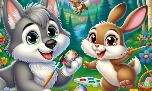 Ein kleiner Wolf namens Felix mit weichem grauem Fell und neugierigen Augen malt bunte Ostereier mit fröhlichen Mustern, während er lächelt. Neben ihm springt ein junger Hase namens Hopsi mit großen weißen Ohren und braunem Fell vor Freude und hält ein glänzendes Ei in seinen Pfoten, sein Gesicht strahlt vor Aufregung. Im Hintergrund entfaltet sich ein verzauberter Wald mit leuchtend grünen Blättern, bunten Blumen und einem klaren blauen Himmel, der mit fluffigen Wolken übersät ist. Die Szene zeigt Felix und Hopsi bei den Vorbereitungen für die große Ostereiersuche, umgeben von ihren tierischen Freunden, die alle gespannt auf dieses festliche und fröhliche Ereignis warten.