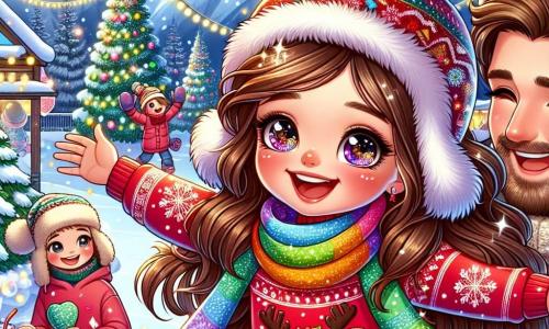Una niña de 8 años, Luna, con largos cabellos castaños y ojos brillantes de alegría, lleva un suéter rojo con un reno y una bufanda multicolor que danza a su alrededor. Sonríe con asombro, sosteniendo un gran sombrero de nieve decorado con copos de fieltro, lista para mostrárselo a su familia. A su lado, su papá, un hombre de unos treinta años con barba suave y un gorro de lana, la anima con una gran sonrisa, mientras que su mamá, una mujer sonriente con cabello castaño, prepara vasos de chocolate caliente a unos pasos, rodeada de guirnaldas luminosas. La escena se desarrolla en una estación de esquí animada, con montañas blancas de fondo, niños jugando en la nieve, árboles decorados y luces centelleantes que iluminan la atmósfera festiva. En el centro de la imagen, Luna se muestra alegre, lista para lanzar confeti para celebrar el Año Nuevo, rodeada de un paisaje invernal mágico y colorido.