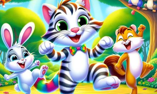 Um gato chamado Miau, com pelagem listrada de cores vibrantes e olhos cheios de curiosidade, dança alegremente no centro de uma clareira ensolarada, com um grande sorriso no rosto. Ao seu lado, uma coelhinha chamada Lili, com grandes orelhas e pelagem branca, pula em ritmo, cheia de energia e alegria. Um esquilo chamado Quico, com uma cauda peluda e olhos travessos, está em um galho de árvore, aplaudindo e incentivando seus amigos a dançar. A clareira é cercada por árvores majestosas com folhas verdes brilhantes, e flores coloridas enfeitam o chão, criando uma atmosfera festiva e encantada. Miau e seus amigos participam de um concurso de dança, rindo e se divertindo juntos, celebrando a amizade em um momento de pura felicidade.