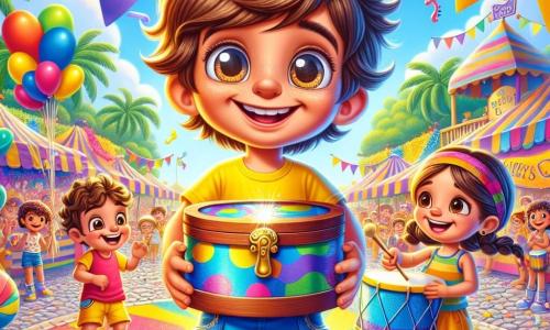An 8-year-old boy, Milo, with messy brown hair and sparkling curious eyes, holds a shiny wooden box with an enthusiastic smile. He wears a bright yellow t-shirt and blue shorts, standing in the center of the scene, surrounded by vibrant colors. Next to him, Rosa, a 7-year-old girl with braided hair and a colorful headband, joyfully taps on her drum, adding a musical touch to the festive atmosphere. In the background, the Sunberry Island carnival stretches out, with colorful balloons floating in the sky, paper flags dancing in the wind, and a large palm tree shading a seahorse-shaped fountain. The scene is filled with laughter and joy as Milo and Rosa prepare to set up a suggestion box amidst the festivities, surrounded by smiling people and a bright party atmosphere.