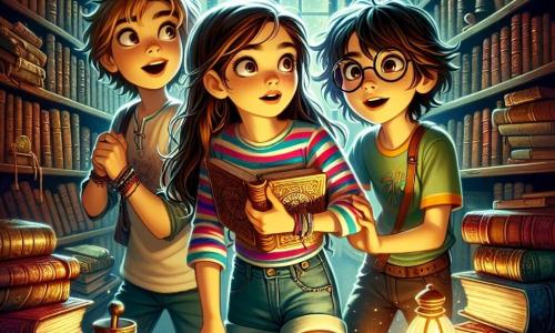 Clara, uma menina de 12 anos, tem cabelos longos e castanhos e olhos cheios de curiosidade. Ela usa uma camiseta listrada colorida e um short jeans, com um olhar maravilhado e determinado enquanto segura um velho livro. Ao seu lado, Leo, um garoto de 12 anos com cabelos loiros bagunçados e óculos redondos, observa com empolgação o livro que Clara encontrou, seus olhos brilhando de antecipação. Sofia, uma menina de 12 anos com cabelos cacheados e um sorriso alegre, se inclina para examinar um velho caderno na mesa, seu rosto iluminado pela descoberta. A cena acontece em uma pequena sala secreta da biblioteca, cheia de livros antigos com capas desgastadas e poeira flutuando no ar. Estantes de madeira escura se elevam até o teto, e uma luz suave filtra por uma janela empoeirada, criando uma atmosfera misteriosa e mágica. Clara, Leo e Sofia estão explorando, descobrindo pistas sobre um antigo mistério, com expressões de surpresa e excitação em seus rostos, enquanto se aproximam da descoberta do Cristal do Tempo.