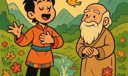 Um jovem chamado Tsering, com cabelos negros despenteados e olhos brilhantes, canta com uma expressão de determinação e suavidade no rosto. Ele está vestido com uma túnica tradicional colorida e se encontra perto de um riacho nascente. Ao lado dele, um homem idoso, com rosto sereno e barba longa, observa com um sorriso benevolente; é o velho Artesão das Mil Luzes. Eles estão em um vale florido, cercado por montanhas verdejantes e flores multicoloridas. A cena principal mostra o riacho que brota do solo, cintilando sob o sol, enquanto pássaros coloridos voam alegremente ao redor.
