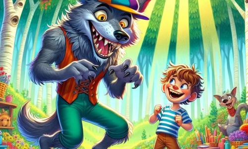 Un lup-gâră numit Lupin, cu blana gri și ochi strălucitori de năzdrăvănie, stă în centrul scenei, zâmbind larg purtând o pălărie colorată care îi dă un aer comic. Pare vesel și puțin stângaci, cu o labă ridicată ca și cum s-ar pregăti să facă un pas de dans. Lângă el, Radu, un băiat de 8 ani cu părul creț și ochi strălucitori de curiozitate, se uită la Lupin cu un zâmbet mare. Poartă un tricou cu dungi și pantaloni scurți, râzând cu brațele încrucișate pe piept, într-o postură prietenoasă. În fundal, o pădure fermecată se întinde, plină de copaci cu trunchiuri colorate și flori dansatoare care par să se miște în ritmul unei brize blânde. Razele soarelui filtrează prin frunziș, creând o atmosferă magică și caldă. Situația principală arată cum Lupin și Radu împărtășesc un moment de bucurie, cu prăjituri colorate așezate pe o masă la picioarele lor. Sunt înconjurați de creaturi fantastice, cum ar fi un iepuraș cu urechi mari și o țestoasă zâmbitoare, toți râzând împreună, ilustrarea spiritului de prietenie și aventură care îi unește.