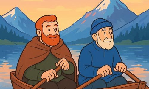 Een man van middelbare leeftijd, Eirik, met een rode baard en een grote wollen cape, glimlacht zachtjes terwijl hij een houten roeispaan vasthoudt. Hij zit in een kleine boot op kalm water. Naast hem zit een oudere man, Halvard, met een vredige uitdrukking, die een blauwe muts draagt en naar de horizon kijkt. Hij houdt een andere roeispaan vast. Rondom hen strekt de fjord zich uit, met glinsterend water dat de besneeuwde bergen en de pastelkleuren van de schemering weerspiegelt. De bergen zijn majestueus, met besneeuwde toppen en donkere dennenbossen aan de voet. De hoofdzakelijke scène toont Eirik en Halvard die samen roeien, wat vriendschap en genezing symboliseert, onder een hemel bezaaid met roze en gouden wolken.