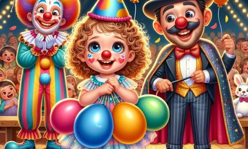 Una niña de 1 año, con grandes ojos brillantes y cabello rizado, lleva un sombrero de payaso colorido y una pequeña nariz roja. Sonríe con asombro, sosteniendo globos multicolores en sus manos. A su lado, un payaso llamado Pepito, de unos 30 años, con un gran bigote y un traje a rayas, hace muecas mientras sostiene un globo gigante. Un mago, de unos 40 años, con un sombrero de copa y una capa brillante, está en el fondo, haciendo aparecer un lindo conejo blanco. La escena se desarrolla bajo un gran carpa de circo, decorada con luces brillantes y banderines coloridos, con espectadores alegres sentados en bancos de madera. En el centro de la imagen, la niña y los dos personajes principales están rodeados de confeti que cae del cielo, creando una atmósfera festiva y mágica. La situación principal muestra a la niña, maravillada, participando en un espectáculo de circo, rodeada de risas y alegría.