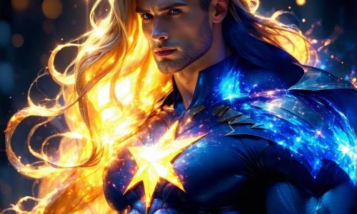 Aurora, een superheldin, is een vrouw met lange gouden haren die schitteren als sterren. Ze draagt een diepblauw kostuum versierd met een grote gouden ster op haar borst, en haar gezicht straalt vastberadenheid terwijl ze haar energie concentreert om een krachtige lichtstraal te creëren. Naast haar staat Titan, een gespierde man van ongeveer 30 jaar met een imposante houding en zichtbare spieren. Hij draagt een zilveren harnas en is klaar om de burgers te beschermen, met een serieuze en vastberaden blik. Net achter hen manipuleert Technomancer, een jonge man van ongeveer 25 jaar met een bril en rommelige haren, futuristische gadgets, zijn gezicht getekend door concentratie. De scène speelt zich af in het levendige centrum van Zenithia, een magische stad waar schitterende gebouwen naar de lucht reiken, omringd door heldere wolken en felle kleuren. Dreigende schaduwen zweven boven de stad, wat een gespannen sfeer creëert. Het belangrijkste moment toont Aurora die een krachtige lichtstraal lanceert naar een duistere schaduw, Nyx, die probeert de stad in duisternis te hullen. Lichtstralen en schaduwen strijden in een epische strijd, terwijl Titan en Technomancer zich voorbereiden om hun heldhaftige vriendin te steunen.