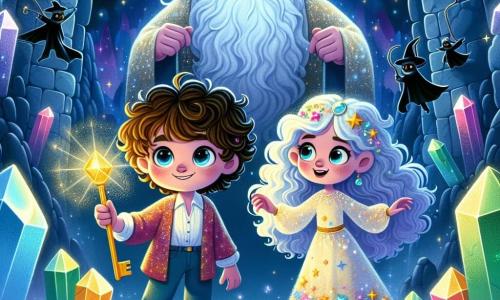 An 8-year-old boy named Leo, with curly hair and sparkling eyes, stands at the center of the image, holding a shiny key in his small hands, his face illuminated by wonder and determination. Beside him is Zara, a 10-year-old young witch with long wavy hair and a colorful dress adorned with sparkling stars, raising her magic wand, ready to unleash the magic of the crystal. Their environment is a vast cave with shimmering walls, filled with multicolored crystals emitting a soft light, creating a fairy-tale atmosphere. Shadows dance around them, and the air is charged with mysterious energy. The main scene shows Leo placing the key into a stone pedestal, while a huge benevolent giant, the guardian of the cave, watches them with a wise smile, his eyes shining like stars. The entire image exudes an ambiance of magic and adventure, capturing the essence of their quest to save the city of Lumina.