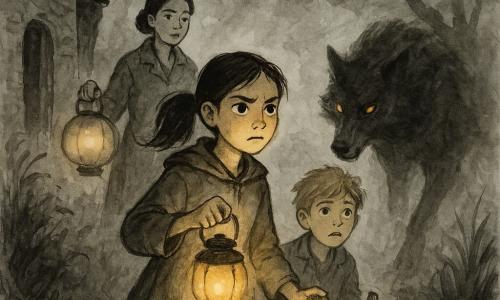 The protagonist is a determined 12-year-old girl with large bright eyes, chestnut hair in a ponytail, wearing a simple dress and light coat, holding a small metal lantern that casts a warm glow on her face; she looks brave but worried, brows furrowed and jaw set, standing upright with her arm outstretched as if protecting others. A secondary character is an 11-year-old boy, her friend, with tousled blond hair and a worried expression, holding a small vial of oil and standing just behind her, lit by the same lantern. Another secondary character is an adult woman (the mother, about 35) with a reassuring, serious face and dark hair in a bun, holding a large lantern near the door of a white cottage. The Big Bad Wolf partially emerges from the fog: a massive silhouette with ashen black fur, yellow eyes reflecting the light, an elongated muzzle level with the lanterns, half in shadow and half in mist. The scene is a narrow path behind an old stone mill with wet tall grass, twisted trees forming a dark arch, muddy ground with prints, and lanterns throwing golden circles in the mist. The main situation is a tense confrontation between the girl with the lantern and the wolf rising from the fog; the warm light contrasts sharply with the wolf’s cold shadow in a nocturnal, humid, mysterious atmosphere centered on the lantern as the focal point.