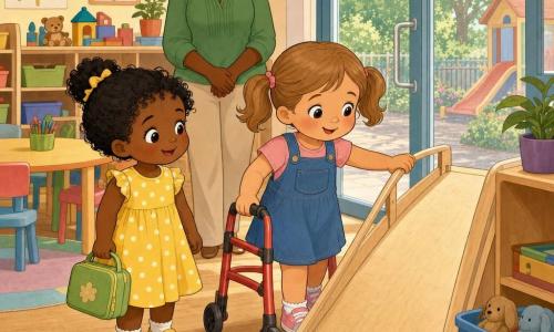 Three characters: Mia, about 3, light-brown hair in pigtails, rosy cheeks, blue overalls, holding a small red walker and touching a light-wood ramp on the right; Lila, about 3, curly black hair, yellow polka-dot dress, left of Mia, holding a small green lunch bag, smiling and pointing at the ramp; Mrs. June, the teacher, adult with short gray hair and a green smock, standing behind them near a glass door watching kindly; setting: bright preschool classroom with light wood floor and sun patches, low shelves of colorful toys, low round tables and a small light-wood ramp by the door; scene: the girls discover the ramp—Mia tests her walker (it makes a little "click-click"), Lila laughs and points, warm pastel colors and gentle expressions.