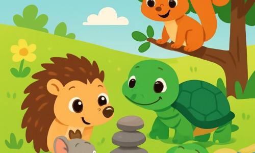 Pip, a small hedgehog with soft brown spikes, curiously watches a cairn of smooth stones by a stream with bright, eager eyes. His twitching little nose shows his excitement. Next to him, Tulla, a turtle with a shiny green shell, smiles with wise eyes, carefully observing the cairn. Nib, a small gray mouse with big ears, stands near Pip, her sparkling eyes filled with enthusiasm, ready to uncover the hidden treasure. Flip, a squirrel with reddish fur and a bushy tail, climbs a branch above them, his face glowing with anticipation. The setting is a sunny meadow dotted with colorful flowers and soft blades of grass, with a crystal-clear stream joyfully murmuring as it winds between the stones. The main scene shows Pip and his friends gathered around the cairn, their hearts racing with excitement as they prepare to discover the treasure hidden beneath the stones.