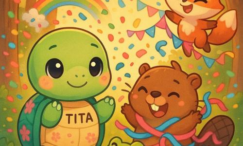 Uma tartaruga chamada Tita, rosto redondo e olhos brilhantes, carapaça lisa com motivos florais e leve sorriso, protege amigos do vento de confetes com pequenos flocos coloridos ricocheteando; Zeca, o castor de pelagem castanha, está enredado em fitas rosas e azuis ao lado de Tita; um sapo músico verde toca um pequeno bumbo sobre um toco; um pássaro azul e uma raposa ruiva brincam no ar lançando guirlandas; clareira com chão de musgo, troncos decorados com lanternas de papel e guirlandas, confetes multicoloridos formam um arco‑íris de papel; atmosfera festiva, acolhedora e levemente caótica, cores saturadas e luz de pôr do sol; estilo gráfico chibi kawaii, personagens arredondados, contornos nítidos, texturas simples e paleta pastel viva.