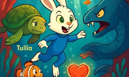 Un coniglietto bianco di nome Tobia nuota felicemente in un mare turchese, indossando una muta blu. Accanto a lui, la tartaruga Tullia osserva con saggezza mentre galleggia. Un pesce pagliaccio di nome Pippo fa pirouette attorno a Tobia. Lo sfondo è una caverna di corallo rosso illuminata da raggi di luce. Tobia, Tullia e Pippo sono pronti ad affrontare un'anguilla minacciosa che si avvicina al prezioso Cuore di Corallo, determinati e coraggiosi.