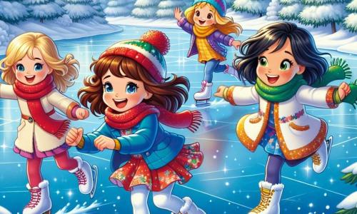 Four six-year-old girls, Mia, Zoe, Lily, and Emma, joyfully stand on a frozen lake. Mia, with brown hair and a red scarf, glides with a big smile, while Zoe, with blonde hair and a blue scarf, spins around. Lily, with chestnut hair and a yellow scarf, laughs as she falls into the snow, and Emma, with black hair and a green scarf, watches them, laughing. The scene is a charming winter landscape, with snow-covered trees and a clear blue sky dotted with fluffy clouds. The frozen lake shines like a mirror, reflecting the bright colors of the girls' scarves. The girls have fun skating on the ice, their laughter echoing in the fresh air, creating an atmosphere of joy and friendship.