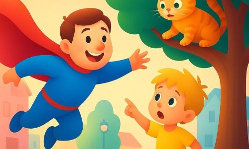 A cheerful man named Zoomy with a round, childlike face, short brown hair, and a bright blue costume with a flowing red cape dashes toward a tree with outstretched arms; a 7‑year‑old boy with messy blond hair and wide amazed eyes stands on the sidewalk pointing at the tree and watching Zoomy with admiration; a small orange‑and‑white striped fluffy kitten with frightened green eyes perches in the low branches mewing; the setting is a cobblestone street in Sunnyville with pastel houses, rounded lampposts, potted flowers, and a large tree with vivid green foliage; Zoomy leaps with his cape billowing, ready to catch the kitten—warm, illuminated colors convey safety and kindness.