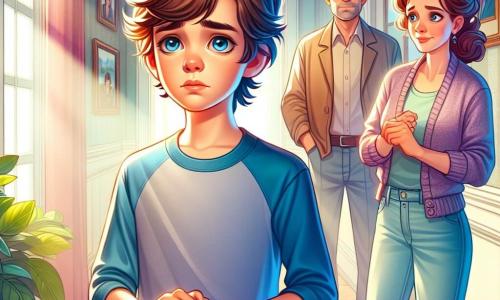 Ein 12-jähriger Junge mit zerzausten braunen Haaren und leuchtend blauen Augen steht in einem hellen Flur, nachdenklich und ein wenig traurig. Er trägt ein blaues T-Shirt und eine Jeans, hält ein kleines Notizbuch in den Händen, seine Augenbrauen leicht zusammengezogen, was seine Besorgnis zeigt. Neben ihm steht seine Mutter, eine etwa 40-jährige Frau mit hochgesteckten braunen Haaren, die einen weichen Pullover und eine Hose trägt. Sie schaut ihn mit einem sanften und tröstenden Ausdruck an, bereit, mit ihm zu sprechen. Im Hintergrund steht sein Vater, ein etwa 40-jähriger Mann mit Brille und kurzem Bart, etwas im Hintergrund, die Hände in den Taschen, mit einem Ausdruck von Verständnis und Unterstützung. Der Flur ist mit Familienfotos dekoriert, die an der Wand hängen, und das Sonnenlicht strömt durch ein Fenster und schafft eine warme, aber melancholische Atmosphäre. Die Hauptsituation zeigt den Jungen im Mittelpunkt, umgeben von seinen Eltern, während sie ruhig über ihre Trennung sprechen, was einen Moment der Zärtlichkeit und des Verständnisses inmitten des emotionalen Sturms veranschaulicht.
