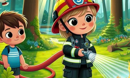 Una mujer bombera llamada Clara, sonriente y decidida, lleva un casco rojo brillante y un traje de bombero negro con bandas reflectantes. Está rociando un pequeño incendio forestal con una gran manguera, sus ojos brillando de concentración y valentía. A su lado, un niño llamado Lucas, de unos 8 años, tiene el cabello castaño desordenado y lleva una camiseta azul. Mira a Clara con admiración, sosteniendo una pequeña manguera en la mano, listo para ayudar. Otro bombero, Tomás, un hombre de unos treinta años con barba bien cuidada y uniforme de bombero, se encuentra un poco apartado, observando la escena con una sonrisa alentadora. La escena tiene lugar en un hermoso bosque verde, con árboles majestuosos y rayos de sol filtrándose a través de las hojas, iluminando el suelo cubierto de flores coloridas. En el fondo, se ven pájaros volando, añadiendo vida al entorno. La situación principal muestra a Clara apagando el fuego con Lucas a su lado, ambos unidos en su misión heroica de salvar el bosque, ilustrando el trabajo en equipo y el coraje de los bomberos.