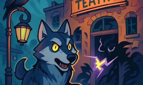 Argo, un cane lupo dagli occhi brillanti e dal pelo grigio e nero, si erge fiero e determinato al centro di una scena urbana magica. Le sue orecchie sono ritte e il suo sguardo è penetrante, esprimendo coraggio e curiosità. Accanto a lui, un corvo dalle piume iridescenti, posato su un lampione, osserva attentamente la scena con occhi saggi e maliziosi, pronto a dare consigli. Sullo sfondo, un vecchio teatro abbandonato con muri decrepiti e finestre rotte, immerso in una luce misteriosa, crea un'atmosfera intrigante. Ombre danzano attorno all'ingresso, aggiungendo un tocco di mistero. La scena principale mostra Argo mentre si lancia verso l'interno del teatro, pronto ad affrontare un'entità oscura che scaglia fulmini di magia, mentre ombre minacciose si muovono attorno a lui, creando una tensione palpabile nell'aria.