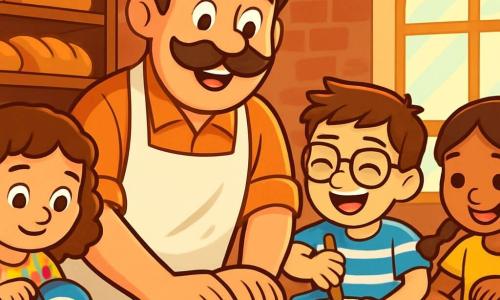 A man named Ben, with a large brown mustache and a warm smile, is kneading bread dough on a wooden table. He wears a white apron, slightly dusted with flour, and his eyes shine with joy and excitement. Next to him are three children: Lila, an 8-year-old girl with curly hair and a colorful dress, carefully measuring flour; Max, a 9-year-old boy with glasses and a striped t-shirt, enthusiastically mixing the dough; and Zoe, a 7-year-old girl with braids, shaping animal-shaped rolls, all smiling and focused. The setting is a cozy bakery with red brick walls, shelves filled with golden bread, and windows letting in sunlight, creating a joyful and welcoming atmosphere. The main scene shows Ben and the children working together, surrounded by flour and delicious aromas, sharing laughter and moments of bonding while preparing bread for the festival.