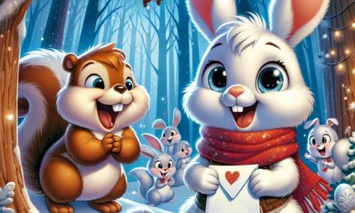 In an enchanted forest, a little white rabbit named Benny, with a patch of brown fur on his ear, expresses great excitement with his sparkling eyes, holding a letter for Santa in his small paws. Next to him, a plump squirrel named Sammy, with brown fur and a red scarf, joyfully smiles, hopping in place while showing Benny the way. In the background, snow rabbits with shimmering coats gather around them, their faces lit up by the magic of Christmas, laughing and sharing stories. The scene takes place in a snowy forest, where majestic trees are adorned with sparkling snowflakes and strings of lights, creating a fairy-tale atmosphere. Benny and Sammy are getting ready to deliver a special letter to Santa, surrounded by a joyful and festive ambiance filled with laughter and camaraderie.