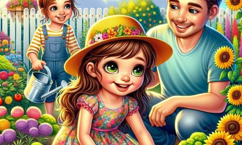 Uma menina de 6 anos, Clara, com longos cabelos castanhos e olhos brilhantes de alegria, usa um chapéu amarelo e um vestido florido. Ela está agachada em um jardim, com as mãos na terra e um grande sorriso no rosto. Ao lado dela, seu pai, um homem de cerca de trinta anos com uma barba leve e uma camiseta azul, segura um regador e rega as plantas, olhando para Clara com orgulho. Sua mãe, uma mulher de trinta anos com cabelos castanhos presos em um coque, está um pouco mais longe, plantando alfaces e sorrindo para a filha. O jardim é vibrante e colorido, cheio de flores brilhantes de todas as cores, tomates vermelhos e girassóis altos que balançam suavemente ao vento. Borboletas voam ao redor das flores, adicionando um toque mágico ao ambiente. A cena principal mostra Clara, cheia de entusiasmo, plantando uma semente de girassol na terra, cercada por sua família e um jardim exuberante, simbolizando a alegria das férias de verão e o trabalho em equipe.
