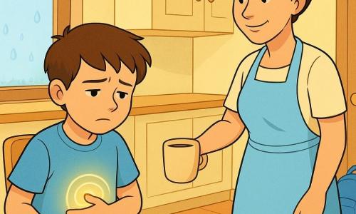 Een tienjarige jongen met een zacht rond gezicht en kort, licht in de war ch chestnut haar, fronsende wenkbrauwen en wat bleke wangen, zit licht gecroqueleerd bij een raam met zijn hand op zijn buik alsof hij een klein knoopje voelt; naast hem staat zijn moeder van ongeveer 35 jaar, bruin haar in een knot, kalme glimlach en vriendelijke ogen, in een licht schort terwijl ze een kop thee op de houten tafel zet; lichte ochtendkeuken met warme tegels, dauw op de vensterbank, licht houten tafel, toast op een bord en een pastelkleurige kast met een rugzak bij de deur; de emotie — een knoop in de maag — wordt visueel gemaakt door een klein lichtbolletje of een zachte spiraal op zijn buik onder zijn hand, tedere geruststellende sfeer, zachte kleuren (bleekgeel, hemelsblauw, beige), duidelijke lijnen en warm kinderlijke stijl.