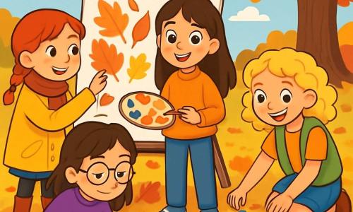 Er zijn 4 kinderen: Noor, een 10-jarig meisje met lang bruin haar en sprankelende ogen, draagt een oranje trui en een blauwe spijkerbroek. Ze staat in het midden met een schilderspalet. Emma, een 9-jarig meisje met rood gevlochten haar en sproeten, draagt een rode sjaal en een gele jas. Ze staat links en plakt bladeren op een groot doek. Lotte, een 10-jarig meisje met krullend blond haar en een stralende glimlach, draagt een groene vest en een spijkerrok. Ze staat rechts en plaatst blauwe kralen om een rivier te maken. Sarah, een 9-jarig meisje met kastanjebruin haar en ronde brillen, draagt een paarse trui en een zwarte broek. Ze zit voorover en tekent paddenstoelsporen op de grond. De plek is een herfsttuin vol met kleurrijke bladeren van de bomen, met een heldere blauwe lucht en donzige witte wolken. Op de achtergrond staat een grote eik met gouden en rode bladeren. Pompoenen en appels versieren de grond en voegen een warme sfeer toe. De kinderen zijn bezig met het maken van een groot herfstschilderij, lachend en elkaar helpend, omringd door natuurvondsten. De sfeer is vrolijk en feestelijk, wat de geest van de herfst vastlegt.