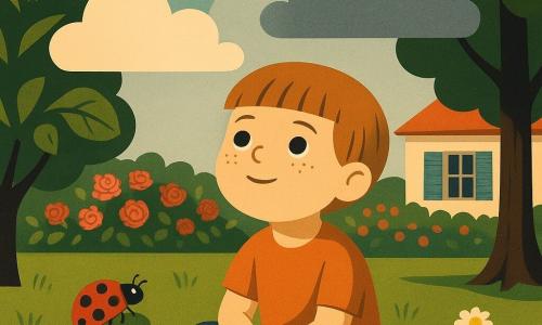 Bambino di 6 anni, viso rotondo con lentiggini, capelli castano chiaro a caschetto, espressione meravigliata e serena, seduto al centro di un prato verde con le mani sulle ginocchia a guardare il cielo; una coccinella rossa a pois neri su una foglia di trifoglio accanto a lui; due nuvole — una bianca e soffice, l’altra grigia e morbida — si sfiorano sopra creando un piccolo arcobaleno pastello; giardino con erba verde tenue, un grande fico a sinistra, siepe di rose rosa e rosse sullo sfondo, finestre di una casa con persiane blu, alcune margherite e l’ombra di un vecchio melo; scena calma e magica con luce solare soffusa che filtra al punto d’incontro delle nuvole.