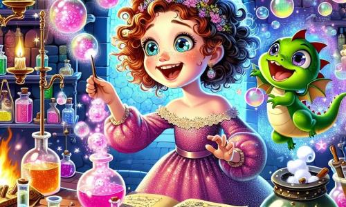 In un laboratorio di magia colorato, Catalina, una giovane strega di 10 anni con i capelli ricci e rossi, indossa un abito scintillante che cambia colore. Ha un grande sorriso e gli occhi brillanti di eccitazione mentre tiene una pozione che esplode in bolle rosa. Accanto a lei, Rugolino, un piccolo drago verde e birichino con squame luccicanti e occhi maliziosi, fluttua nell'aria ridendo, aggiungendo un tocco di magia alla scena. Il laboratorio è pieno di fiaschette colorate, libri antichi con pagine ingiallite e pentole fumanti, creando un'atmosfera incantata e caotica. Scintille di luce e stelle brillanti fluttuano attorno a loro, accentuando l'atmosfera fiabesca. La scena principale mostra Catalina mentre esegue un incantesimo, circondata da bolle magiche e risate, illustrando lo spirito giocoso e incantevole della storia.