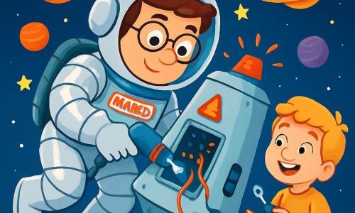 Un uomo di nome Marco, con capelli castani e occhiali rotondi, indossa una tuta spaziale brillante e argentata. Il suo viso esprime grande concentrazione e determinazione gioiosa mentre lavora su un modulo spaziale in difficoltà. Vicino a lui, un ragazzo di circa 10 anni, con capelli biondi e un sorriso entusiasta, osserva Marco con ammirazione, tenendo un piccolo attrezzo in mano. Il contesto è un cantiere orbitale fluttuante nello spazio, circondato da pianeti colorati e stelle scintillanti. La situazione principale mostra Marco mentre ripara il modulo, utilizzando strumenti futuristici, mentre il giovane ragazzo lo incoraggia con gesti entusiastici. L'atmosfera è piena di energia e speranza, illustrando lo spirito di aiuto e avventura nell'immensità dell'universo.