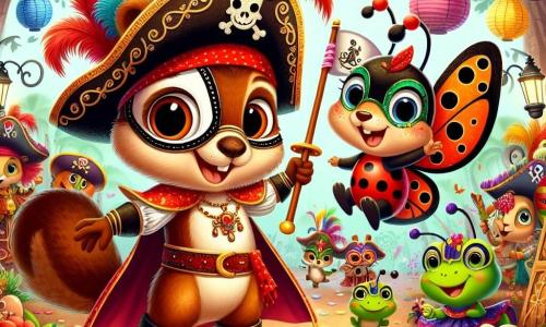 Piumino, un adorabile scoiattolo con pelliccia marrone e una coda folta, indossa un colorato costume da pirata con un cappello nero decorato da una piuma rossa. Sorride con entusiasmo mentre brandisce una spada di cartone, pronto per un'avventura al carnevale. Accanto a lui, Rosetta, una piccola coccinella con ali rosse a pois neri, vola felicemente, i suoi occhi brillano di gioia. Danza attorno a Piumino, incoraggiando tutti gli amici a unirsi alla festa. Lo scenario è un giardino incantevole, pieno di fiori brillanti, lanterne colorate appese agli alberi e festoni di carta. Creature del giardino, come rane e conigli, si affaccendano per preparare il carnevale, creando un'atmosfera festosa. La scena principale mostra Piumino e Rosetta, circondati dai loro amici, pronti a iniziare il grande corteo del carnevale, con maschere scintillanti e costumi sgargianti, mentre coriandoli volano nell'aria e la musica risuona gioiosamente.