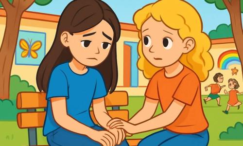 Uma menina de 12 anos, com longos cabelos castanhos e olhos tristes, está sentada em um banco no pátio da escola. Ela usa uma camiseta azul e jeans, com as mãos apoiadas nos joelhos, olhando para o chão, perdida em pensamentos. Ao lado dela, sua melhor amiga, uma menina de 12 anos com cabelos loiros e cacheados, segura sua mão com um olhar compreensivo, tentando confortá-la. O pátio da escola é cercado por grandes árvores com folhas verdes vibrantes, e desenhos coloridos decoram as paredes. Crianças brincam ao longe, rindo e correndo, mas a atmosfera ao redor das duas meninas é calma e melancólica. A situação principal mostra Ana, a menina triste, refletindo sobre sua avó falecida, enquanto sua amiga oferece apoio silencioso, criando um momento de intimidade no meio da agitação da escola.