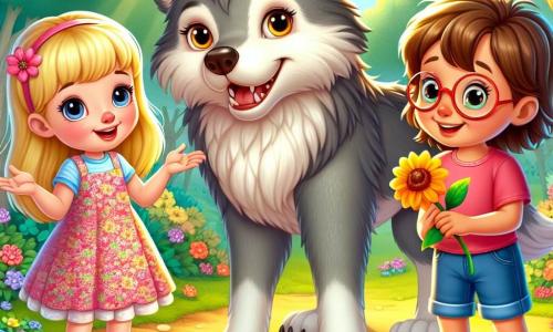 Ci sono tre personaggi principali: 1. **Mia**: una ragazza di 8 anni con capelli biondi brillanti, vestita con un abito rosa a fiori e sandali bianchi. È sorridente e si trova a sinistra, con le braccia aperte, pronta ad accogliere il lupo. 2. **Sara**: una ragazza di 9 anni con capelli castani e occhiali rotondi, vestita con una maglietta blu e pantaloni corti di jeans. Si trova a destra di Mia, tenendo un piccolo fiore colorato nella mano e mostrando un grande sorriso. 3. **Il Grande Lupo Cattivo**: un lupo grigio dagli occhi dolci e tristi, con un pelo setoso e di grande taglia. È al centro, leggermente curvo, con un'espressione amichevole, come se esitasse ad avvicinarsi alle ragazze. La scena si svolge in una radura soleggiata nel cuore di un bosco incantato, circondata da alberi maestosi e foglie verdi vibranti, mentre fiori multicolori punteggiano il terreno. Un dolce raggio di sole filtra tra i rami, creando un'atmosfera calorosa e accogliente. La situazione principale mostra Mia e Sara che, con espressioni gioiose, invitano il Grande Lupo a unirsi a loro per giocare. Le ragazze sembrano amichevoli e aperte, mentre il lupo, sebbene grande e imponente, mostra un'espressione di curiosità e felicità, pronto a scoprire l'amicizia.