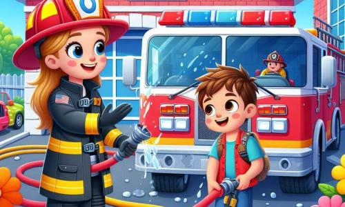 Eine Feuerwehrfrau, Anna, lächelt voller Energie, trägt einen roten Helm und eine blaue Feuerwehruniform. Sie reinigt ihren großen Feuerwehrwagen, der in der Sonne glänzt. Neben ihr steht ein kleiner Junge namens Max, etwa 7 Jahre alt, mit einem viel zu großen Helm, der bewundernd zuschaut. Er hat zerzauste braune Haare und ein breites Lächeln im Gesicht, während er begeistert einen Feuerwehrschlauch hält. Die Szene spielt vor einer bunten Feuerwache mit roten Wänden und weißen Fenstern, umgeben von bunten Blumen, die der Umgebung Leben verleihen. Der Himmel ist blau und sonnig mit einigen weißen Wolken. Die Hauptsituation zeigt Anna und Max, die fröhlich zusammenarbeiten, während Max versucht, Anna beim Reinigen des Wagens zu helfen, was den Teamgeist und die Freundschaft zwischen ihnen verdeutlicht.