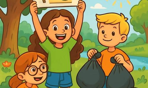 Ein 8-jähriges Mädchen, Mia, mit langen, lockigen braunen Haaren, lächelt fröhlich, während sie ein buntes Schild mit der Aufschrift „Schützen wir die Natur!“ hält. Sie trägt ein leuchtend grünes T-Shirt und eine Jeansshorts, und ihre Augen strahlen vor Aufregung. Neben ihr hält ihr Freund Tom, ein 8-jähriger Junge mit kurzen blonden Haaren, stolz einen Müllsack, den er gerade aufgesammelt hat. Leni, eine weitere 8-jährige Freundin mit roten Haaren und Brille, hockt sich mit Handschuhen, um einen Müllsack aufzuheben, und schaut Mia mit einem ermutigenden Lächeln an. Die Szene spielt in einem grünen Park, der von majestätischen Bäumen, bunten Blumen und einem kleinen, in der Sonne glitzernden Teich geprägt ist. Sonnenstrahlen filtern durch die Blätter und erzeugen Lichtmuster auf dem Boden. Die Hauptsituation zeigt die Kinder, die den Park reinigen, umgeben von Müllsäcken voller Abfälle, während sie lachen und über die Bedeutung des Umweltschutzes sprechen.