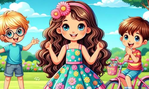 A 7-year-old girl, Mia, with beautiful curly brown hair cascading over her shoulders, stands on her pink bike, her bright smile and sparkling eyes full of joy. She wears a colorful flower-patterned dress and appears energetic, ready to explore the world. Next to her is her friend Jake, an 8-year-old boy with messy blonde hair and round glasses, enthusiastically clapping, wearing a blue t-shirt and shorts. He stands on the lawn with his arms raised in encouragement. Emily, another 7-year-old friend with long, smooth hair in pigtails, sits on the grass drinking water and smiling at Mia, dressed in a colorful striped dress. The scene takes place in a sunny park filled with vibrant flowers and green trees, under a clear blue sky dotted with fluffy white clouds. After taking a break from her bike, Mia rests on the grass with her friends, sharing laughter and encouragement, symbolizing friendship and support in the face of life's challenges.