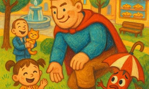 A tall, stocky man named Mr. Bumbleboots, smiling and patient with a flowing red cape and spiky blond hair, kneels by a tree reaching for a stuck red-and-white anthropomorphic umbrella with small eyes and shoes that looks slightly panicked; a joyful five-year-old girl with brown pigtails and a yellow polka-dot dress stands to his left clapping on a polka-dot picnic blanket, while the mayor, about fifty in a neat blue suit, stands by a fountain laughing with his cat Sir Whiskers; the main street has pastel-faced tall buildings, round trees, wooden benches and a bakery window full of pies, and the scene captures a warm, colorful, gently comic moment with laughing children, smiling little objects, soft features and painterly textures.