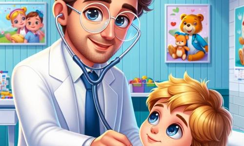 Personajul principal este doctorul Mihai, un bărbat de aproximativ patruzeci de ani, cu părul brun ușor ondulat și ochelari rotunzi. Poartă un halat alb impecabil și zâmbește călduros, arătând bunăvoință în timp ce ascultă inima unui tânăr pacient. Lângă el se află Andrei, un băiat de 8 ani, cu părul blond și ochi strălucitori, care este întins pe masa de examinare. Se uită la doctor cu curiozitate, având un zâmbet ușor pe față, deși este puțin nervos. Locul scenei este o clinică luminoasă și primitoare, cu pereți vopsiți în albastru deschis, postere colorate cu personaje din desene animate despre sănătate și jucării împrăștiate într-un colț pentru a distra copiii. Situația principală arată doctorul Mihai examinându-l pe Andrei, folosind un stetoscop magic, în timp ce Andrei, întins pe masă, ascultă cu atenție sfaturile medicului, pregătit să descopere ce se întâmplă cu sănătatea lui.