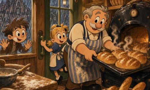 Man: Mr. Pierre, round face and soft white mustache, warm serene expression, short gray hair, flour-stained blue-and-white striped apron, pulling a large tray of golden breads from the oven and smoothing the surface with a gentle gesture; Girl: Emma, about 6, blonde pigtails, wide-eyed playful smile, holding the glass door handle and watching Mr. Pierre from the doorway on tiptoe; Boy: Lucas, about 8, tousled brown hair, flour smudge on his cheek, pressed against the display window to nose the glass, standing left of the door; Setting: cozy small bakery with green door and brass bell, wooden shelves filled with loaves, large old black-steel oven, wooden worktop dusted with flour, soft yellow light and rain on the window; Scene: rainy morning as Mr. Pierre removes a steaming tray of golden-brown breads filling the air with warm scent, children marvel at the sight from the door and window, suspended flour dust and yellow highlights on the crusts.