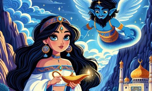 A woman named Layla, in her twenties, stands at the top of a majestic mountain, her face radiant with wonder and determination. She has long wavy black hair, dressed in a traditional gown with vibrant blue and gold patterns, holding a sparkling magic lamp in her hands. Beside her, a wise jinn, with deep blue skin and eyes shining like stars, floats slightly above the ground, a benevolent smile on his face. The surrounding landscape is spectacular, featuring steep cliffs, a bright starry sky, and an ancient stone temple adorned with arabesque patterns, illuminated by the soft light of the lamp. Layla, with a hopeful look, is about to make a wish for her village, while the jinn listens attentively, creating a magical and promising atmosphere.