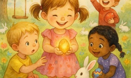 A radiant, smiling 4-year-old girl, Lily, with light brown pigtails and a pink ruffled, paint-stained dress holds a small glittering golden egg in her hands; to her left stands Sam, about 5, short blond hair and a yellow T-shirt, reaching to look at the egg with a basket of colorful eggs near his feet; to her right crouches Ella, about 4, black braided hair and a purple polka-dot dress, wide-eyed as she shows a patterned egg to a rabbit; in the background Max, about 6, tousled red hair and a red sweater, laughs holding a large red egg and slightly raises his arm as if waving; the bright spring garden has trimmed green grass, pink, blue and yellow flowers, a large oak with a rope swing, and small white rabbits hopping around; the children are gathered around Lily, captivated by the softly glowing golden egg, decorated egg baskets on the grass and a warm sunbeam through light clouds; style: soft watercolor with controlled splashes, delicate outlines, visible paper texture, vivid pastel colors and warm light with golden reflections on the egg.