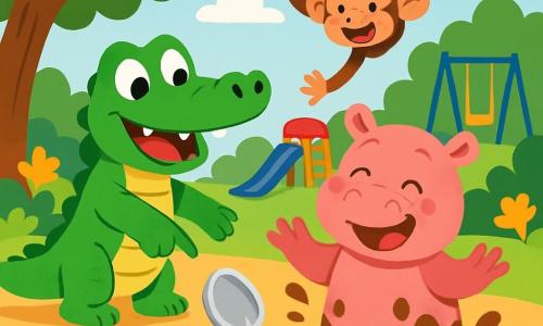 A crocodile named Carl, with shiny green skin and sparkling eyes, stands by a pond, smiling as he points at a shiny object in the sand. Next to him, a hippo named Holly, with soft pink skin and round cheeks, laughs while trying to get out of the mud. A mischievous monkey named Max, with brown fur and playful eyes, swings from branch to branch, eagerly watching the scene. In the background, a colorful playground with slides and swings is surrounded by lush greenery and bright flowers. The main scene shows Carl and his friends on a treasure hunt, discovering a large shiny spoon buried in the sand, filled with laughter and joy.