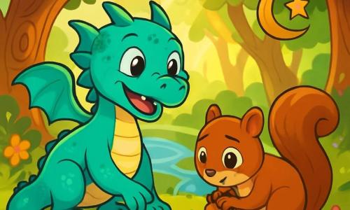 Zephyra, a small dragon with sparkling turquoise scales, stands joyfully by a stream, her wide smile and sparkling curious eyes. Her delicate wings are folded against her body, and her tail glistens in the sunlight. Next to her, a small brown squirrel with bright eyes looks worried as he desperately searches for his scattered acorns on the ground. He crouches with trembling paws while Zephyra encourages him with a friendly glance. The setting is an enchanted forest filled with majestic trees and colorful flowers dancing in the breeze. Rays of light filter through the foliage, creating golden patterns on the ground. In this scene, Zephyra helps the squirrel find his precious nuts, illustrating the magic of teamwork and kindness during Ramadan.